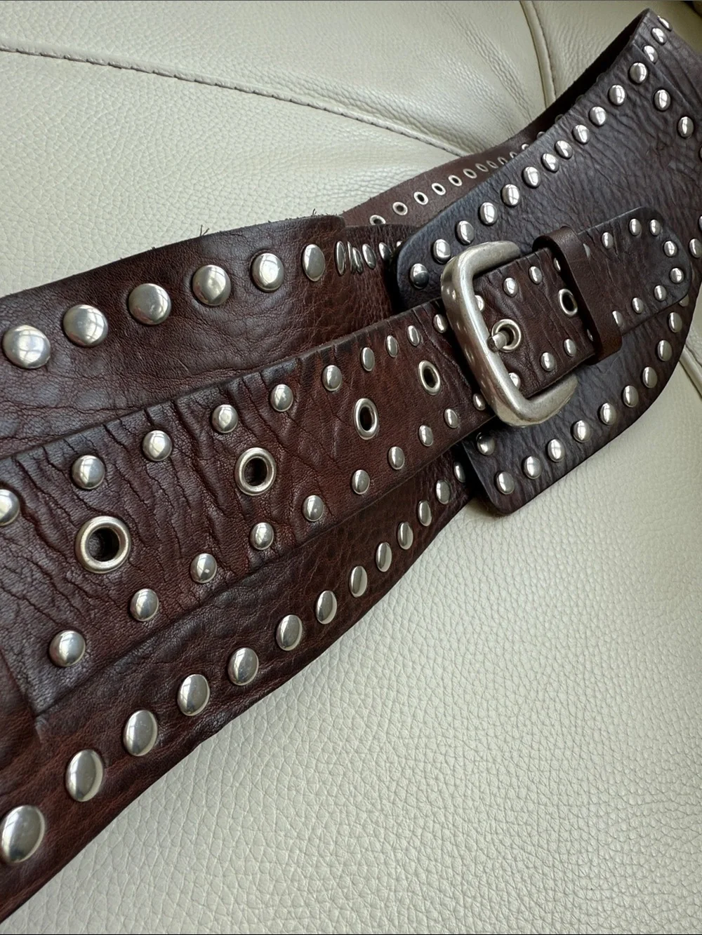 Zara Dark Brown Studded Wide Leather Belt with Silver Hardware